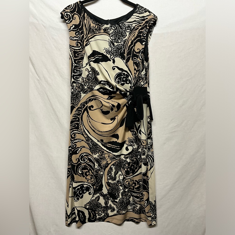 Neutral Black, Tan & Cream Knee length Faux Wrap Dress with Modest Neckline Midi